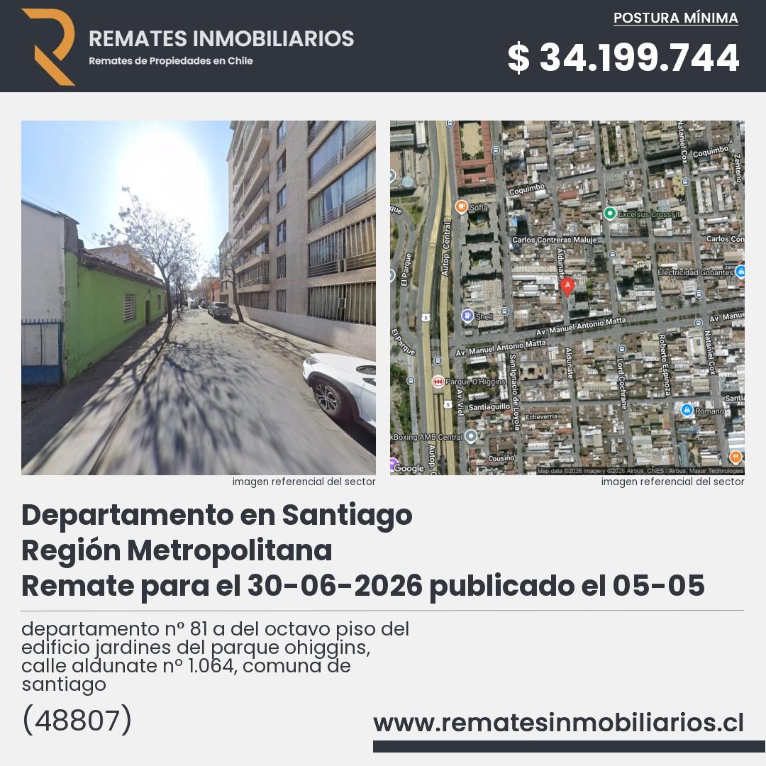 Imagen ficha departamento n° 81 a del octavo piso del edificio jardines del parque ohiggins, calle aldunate nº 1.064, comuna de santiago