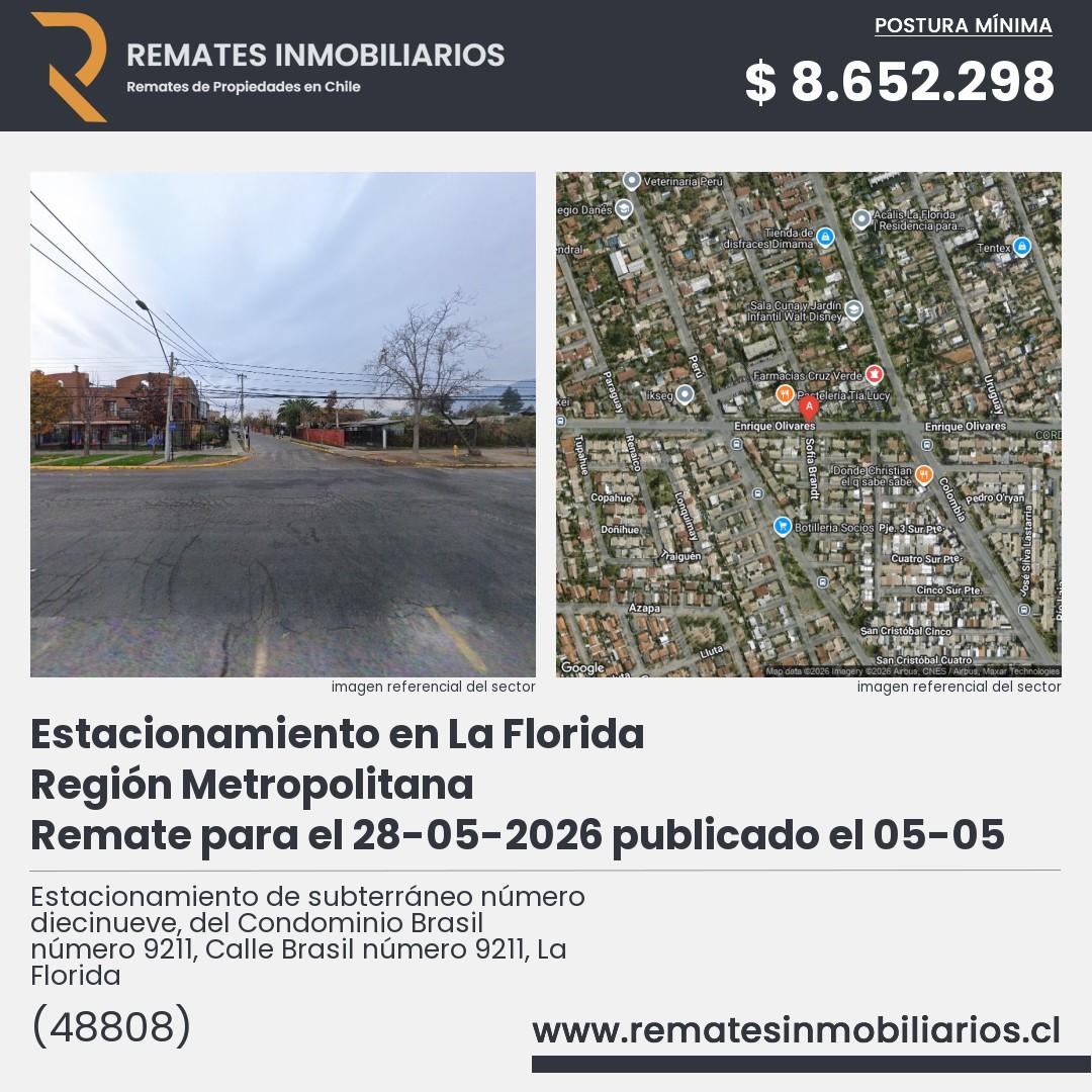 Imagen ficha Estacionamiento de subterráneo número diecinueve, del Condominio Brasil número 9211, Calle Brasil número 9211, La Florida