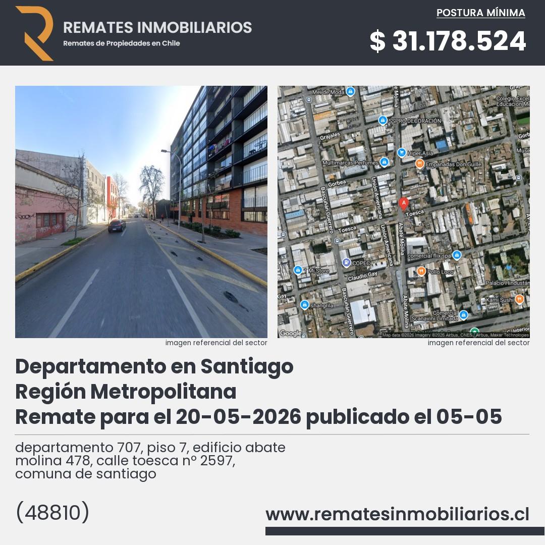 Imagen ficha departamento 707, piso 7, edificio abate molina 478, calle toesca nº 2597, comuna de santiago