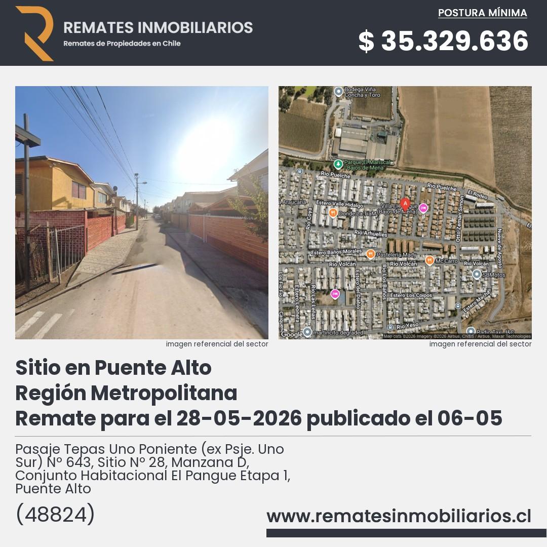 Imagen ficha Pasaje Tepas Uno Poniente (ex Psje. Uno Sur) Nº 643, Sitio Nº 28, Manzana D, Conjunto Habitacional El Pangue Etapa 1, Puente Alto