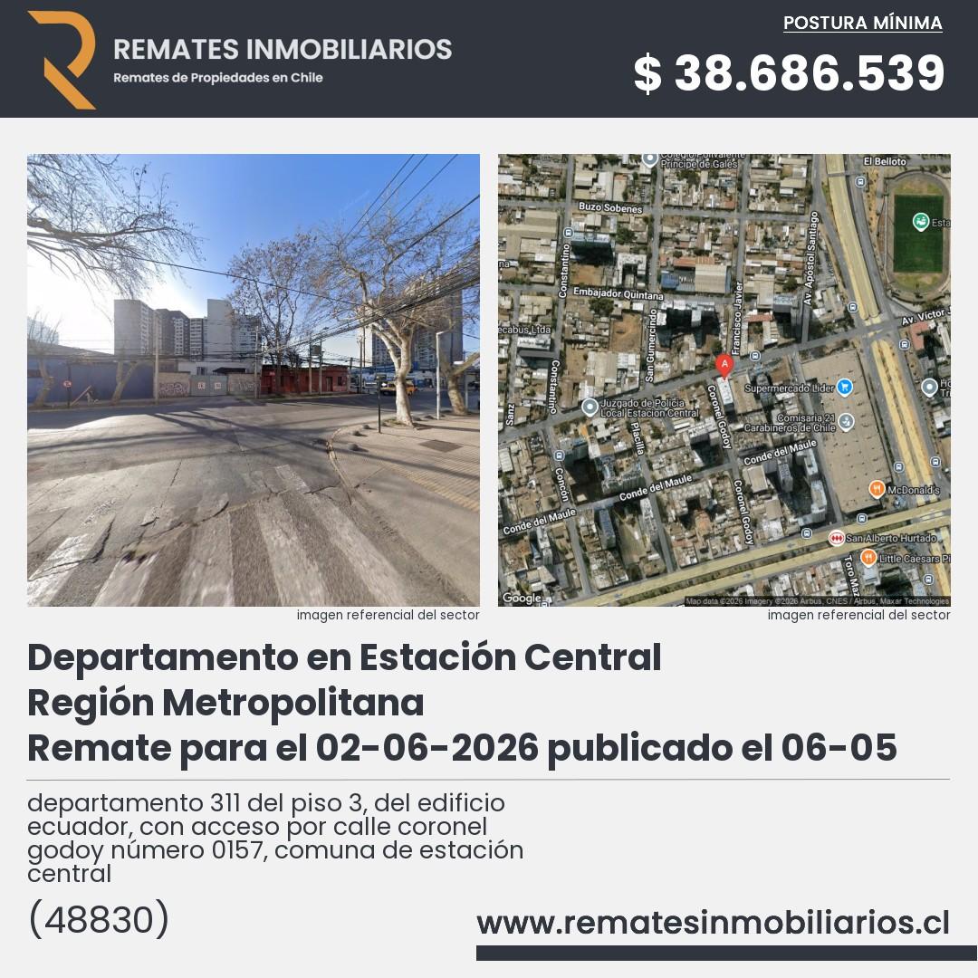 Imagen ficha departamento 311 del piso 3, del edificio ecuador, con acceso por calle coronel godoy número 0157, comuna de estación central