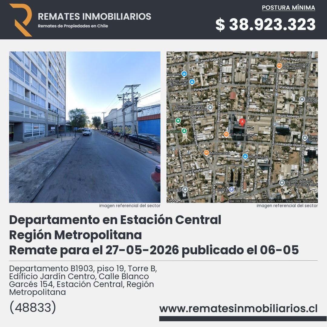 Imagen ficha Departamento B1903, piso 19, Torre B, Edificio Jardín Centro, Calle Blanco Garcés 154, Estación Central, Región Metropolitana