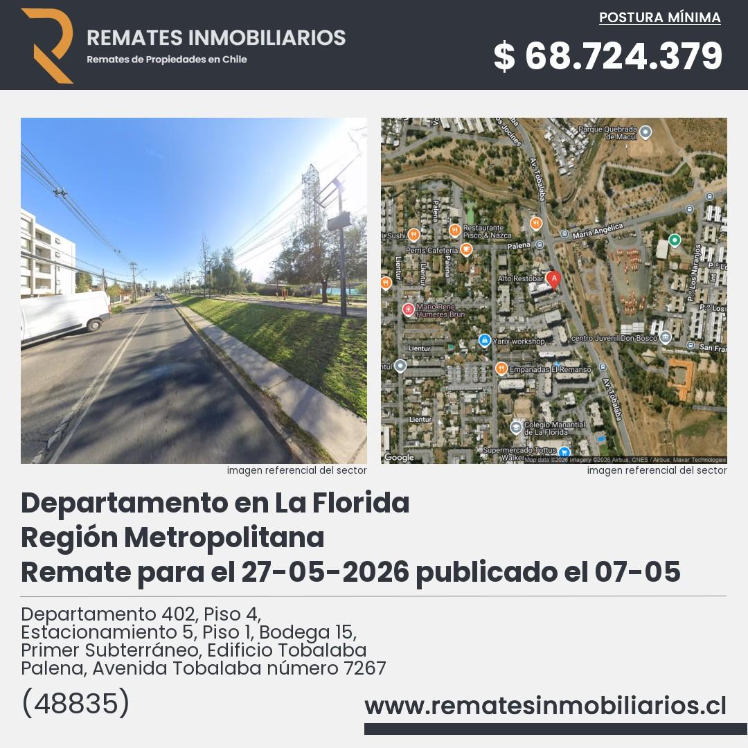 Imagen ficha Departamento 402, Piso 4, Estacionamiento 5, Piso 1, Bodega 15, Primer Subterráneo, Edificio Tobalaba Palena, Avenida Tobalaba número 7267