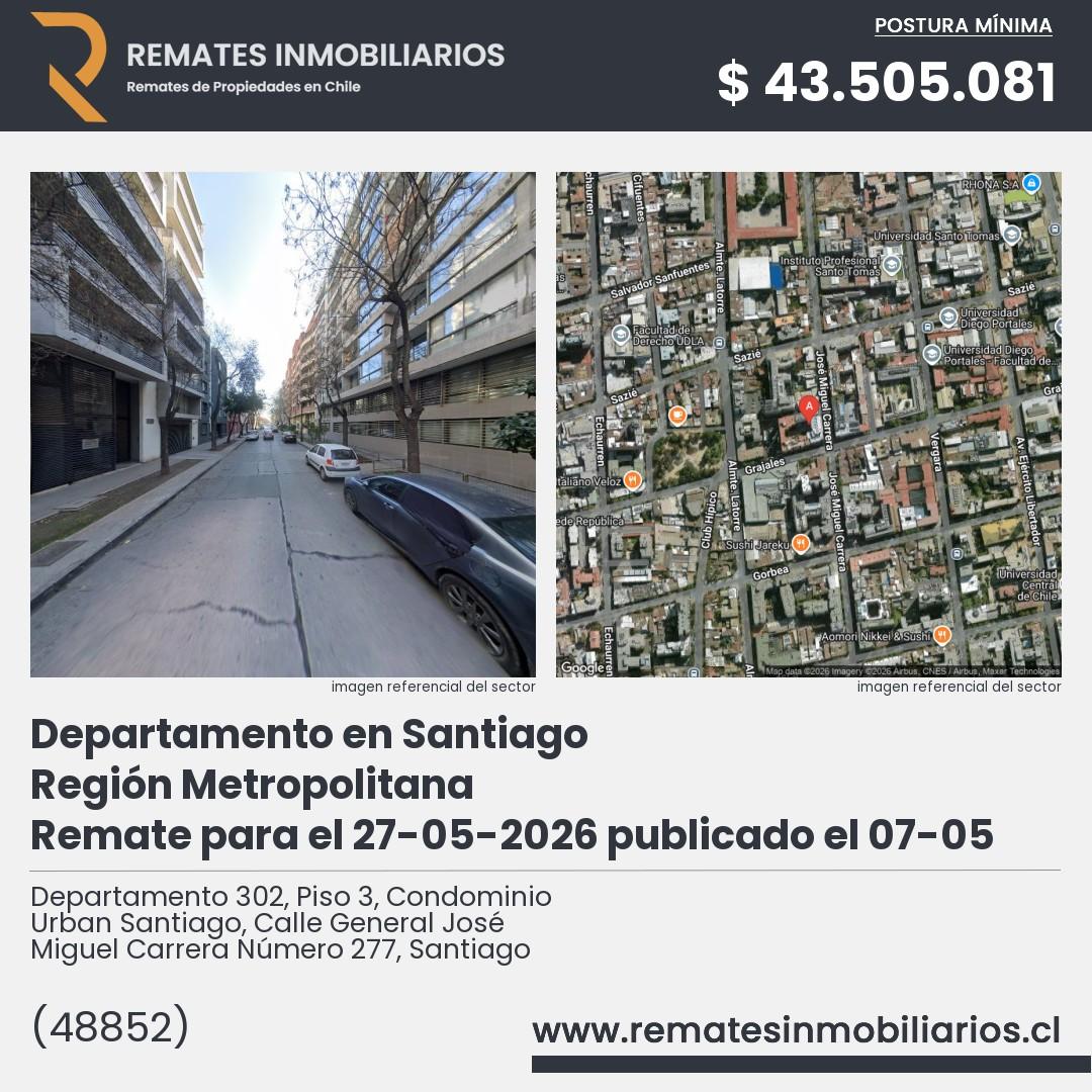 Imagen ficha Departamento 302, Piso 3, Condominio Urban Santiago, Calle General José Miguel Carrera Número 277, Santiago