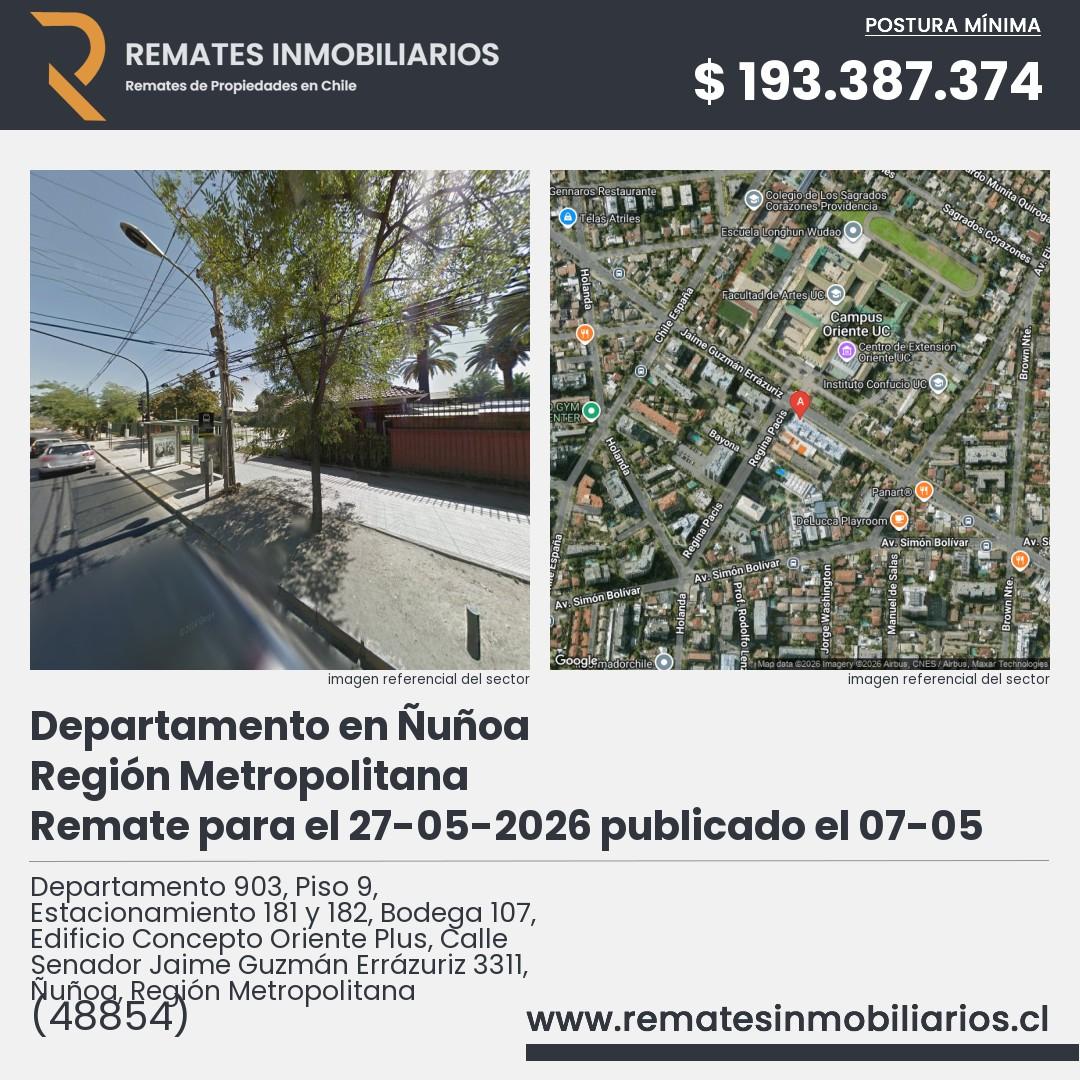 Imagen ficha Departamento 903, Piso 9, Estacionamiento 181 y 182, Bodega 107, Edificio Concepto Oriente Plus, Calle Senador Jaime Guzmán Errázuriz 3311, Ñuñoa, Región Metropolitana
