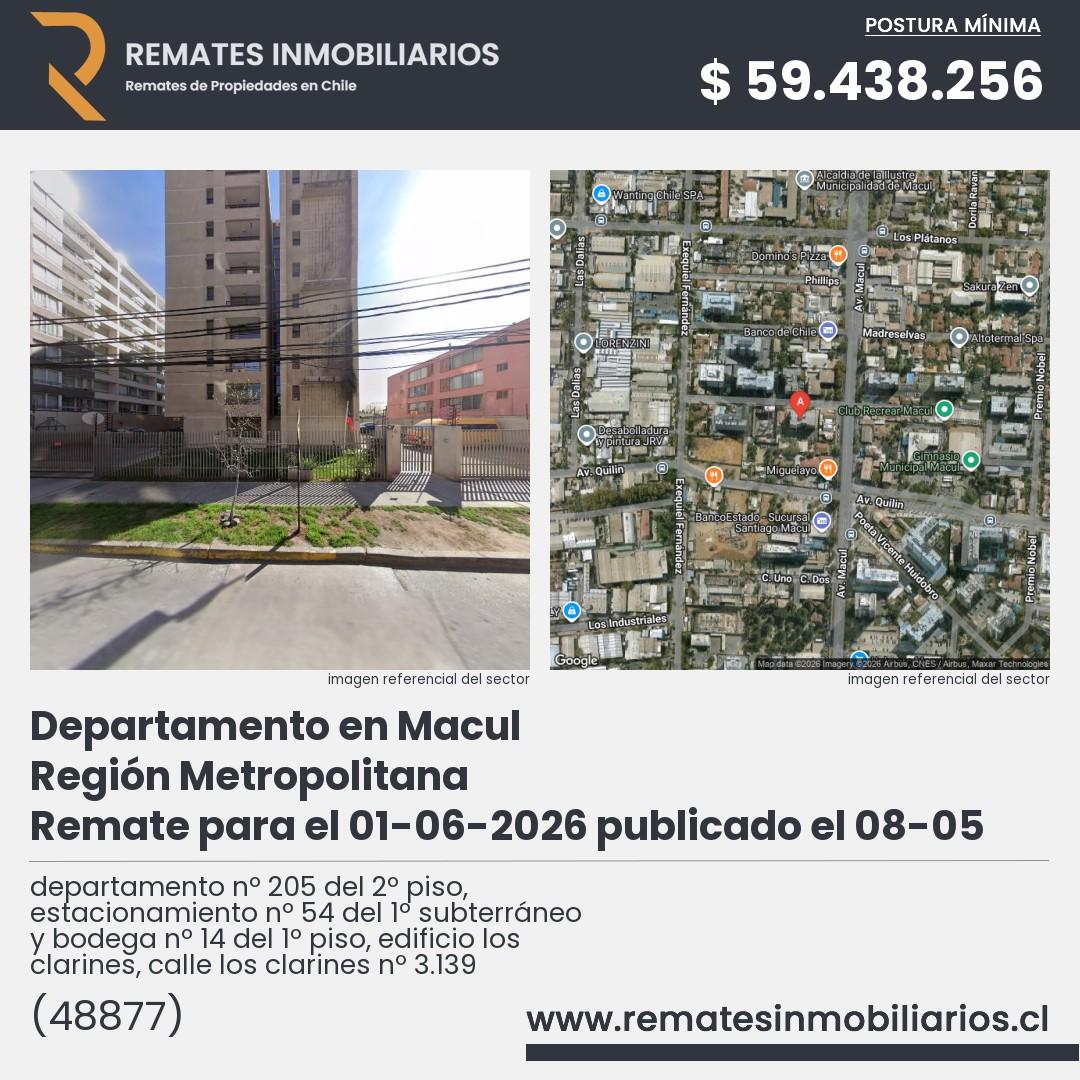 Imagen ficha departamento nº 205 del 2º piso, estacionamiento nº 54 del 1º subterráneo y bodega nº 14 del 1º piso, edificio los clarines, calle los clarines nº 3.139