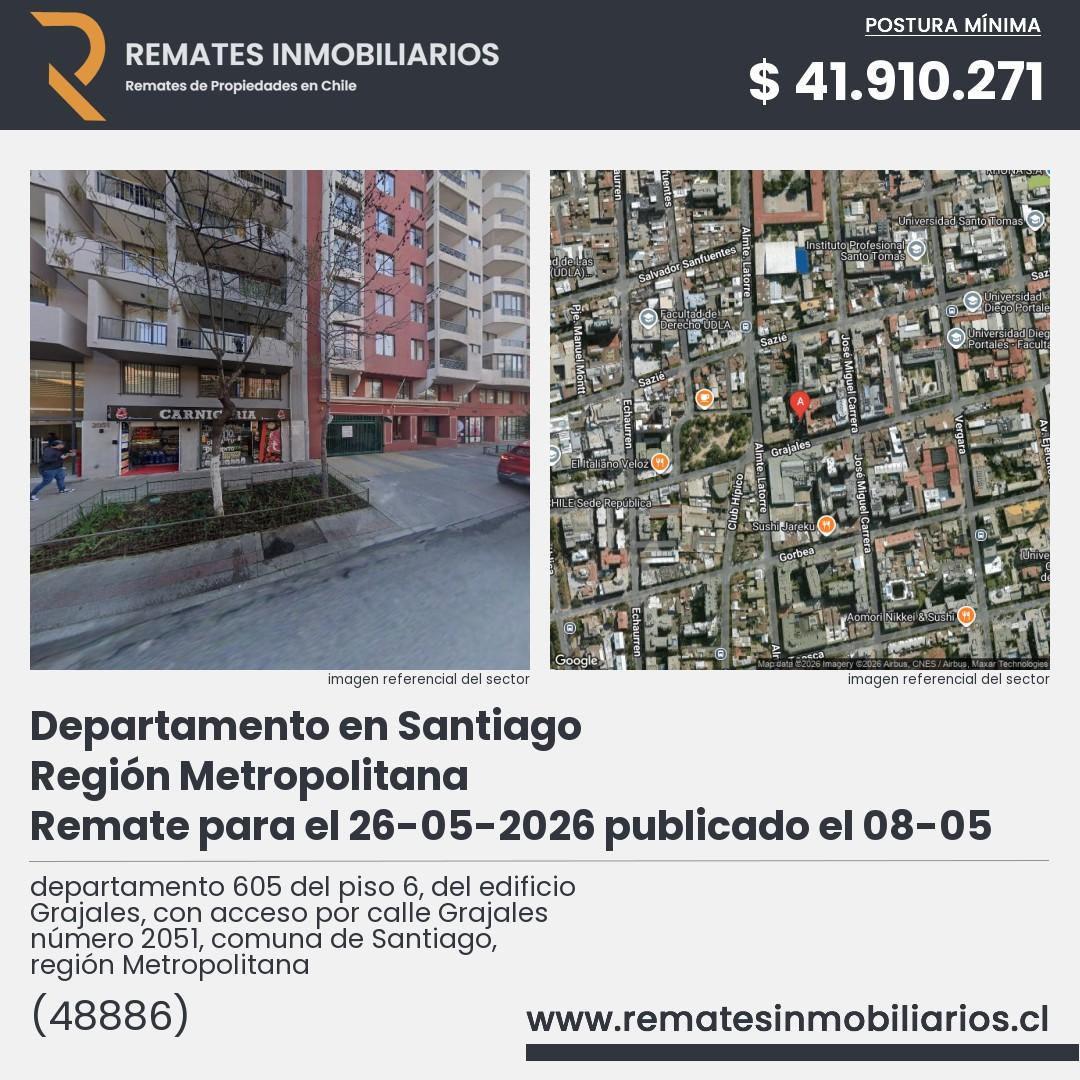 Imagen ficha departamento 605 del piso 6, del edificio Grajales, con acceso por calle Grajales número 2051, comuna de Santiago, región Metropolitana