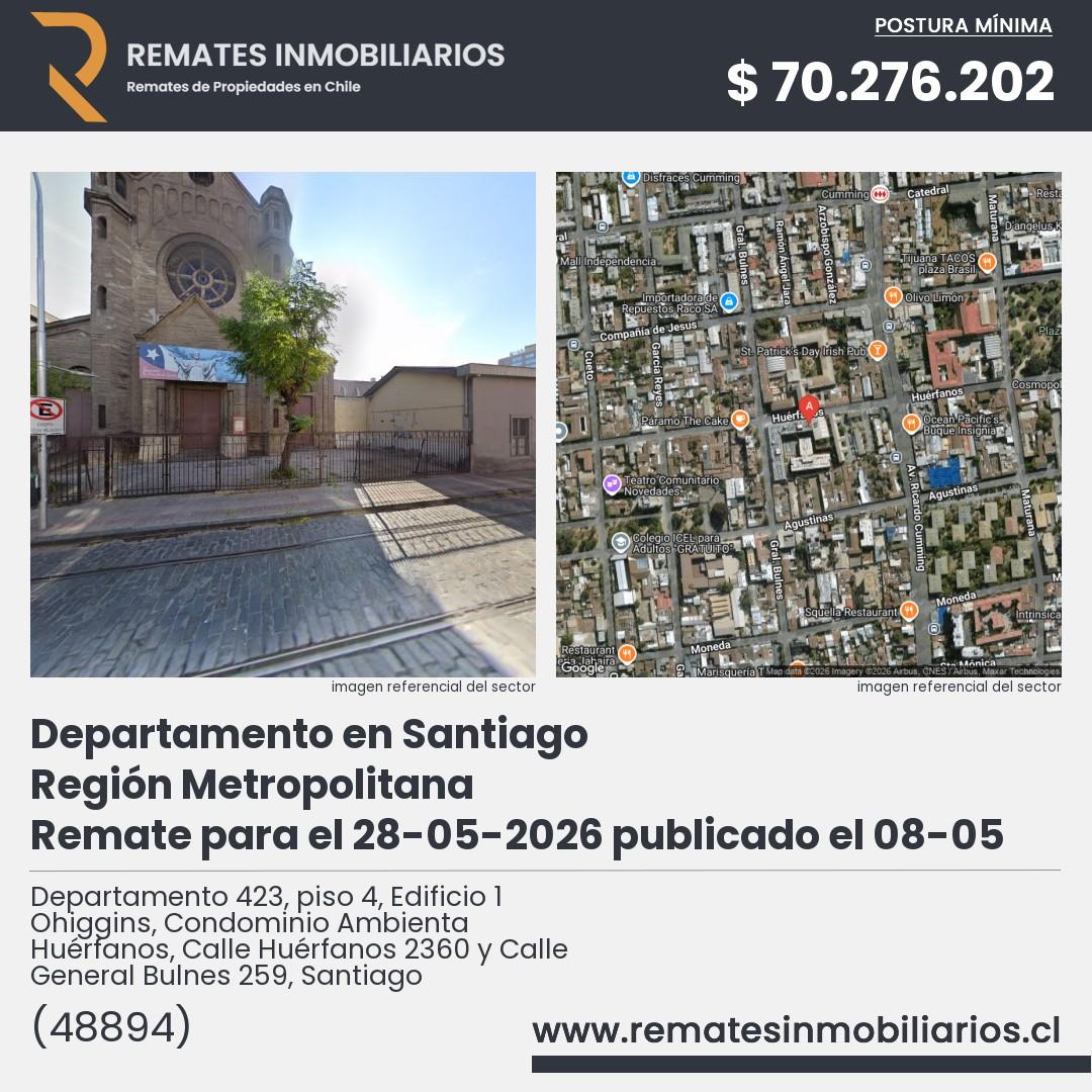 Imagen ficha Departamento 423, piso 4, Edificio 1 Ohiggins, Condominio Ambienta Huérfanos, Calle Huérfanos 2360 y Calle General Bulnes 259, Santiago