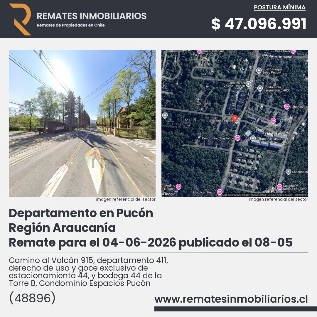 Imagen ficha Camino al Volcán 915, departamento 411, derecho de uso y goce exclusivo de estacionamiento 44, y bodega 44 de la Torre B, Condominio Espacios Pucón