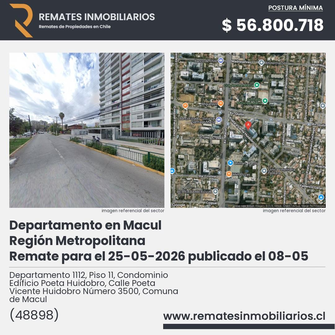 Imagen ficha Departamento 1112, Piso 11, Condominio Edificio Poeta Huidobro, Calle Poeta Vicente Huidobro Número 3500, Comuna de Macul