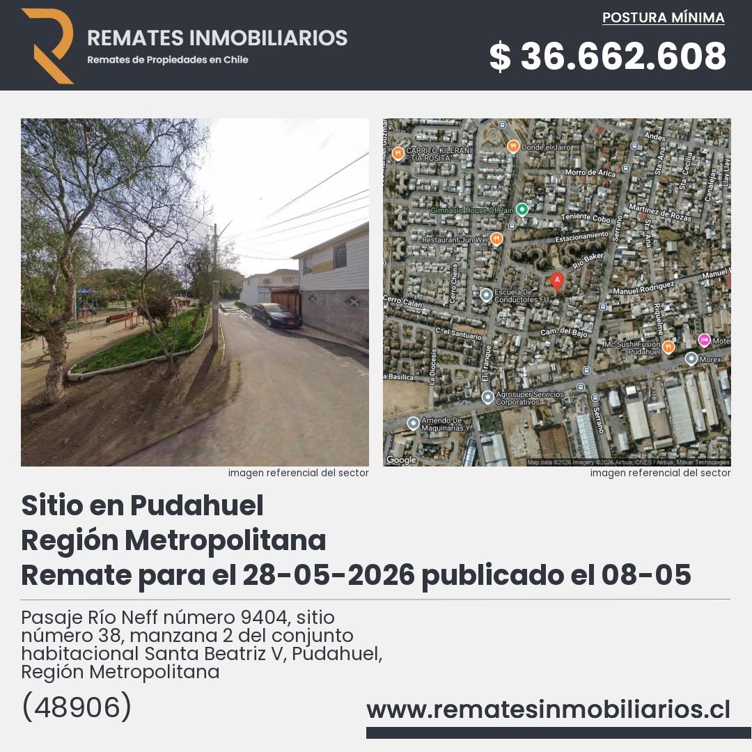 Imagen ficha Pasaje Río Neff número 9404, sitio número 38, manzana 2 del conjunto habitacional Santa Beatriz V, Pudahuel, Región Metropolitana
