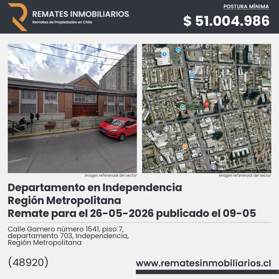 Imagen ficha Calle Gamero número 1541, piso 7, departamento 703, Independencia, Región Metropolitana