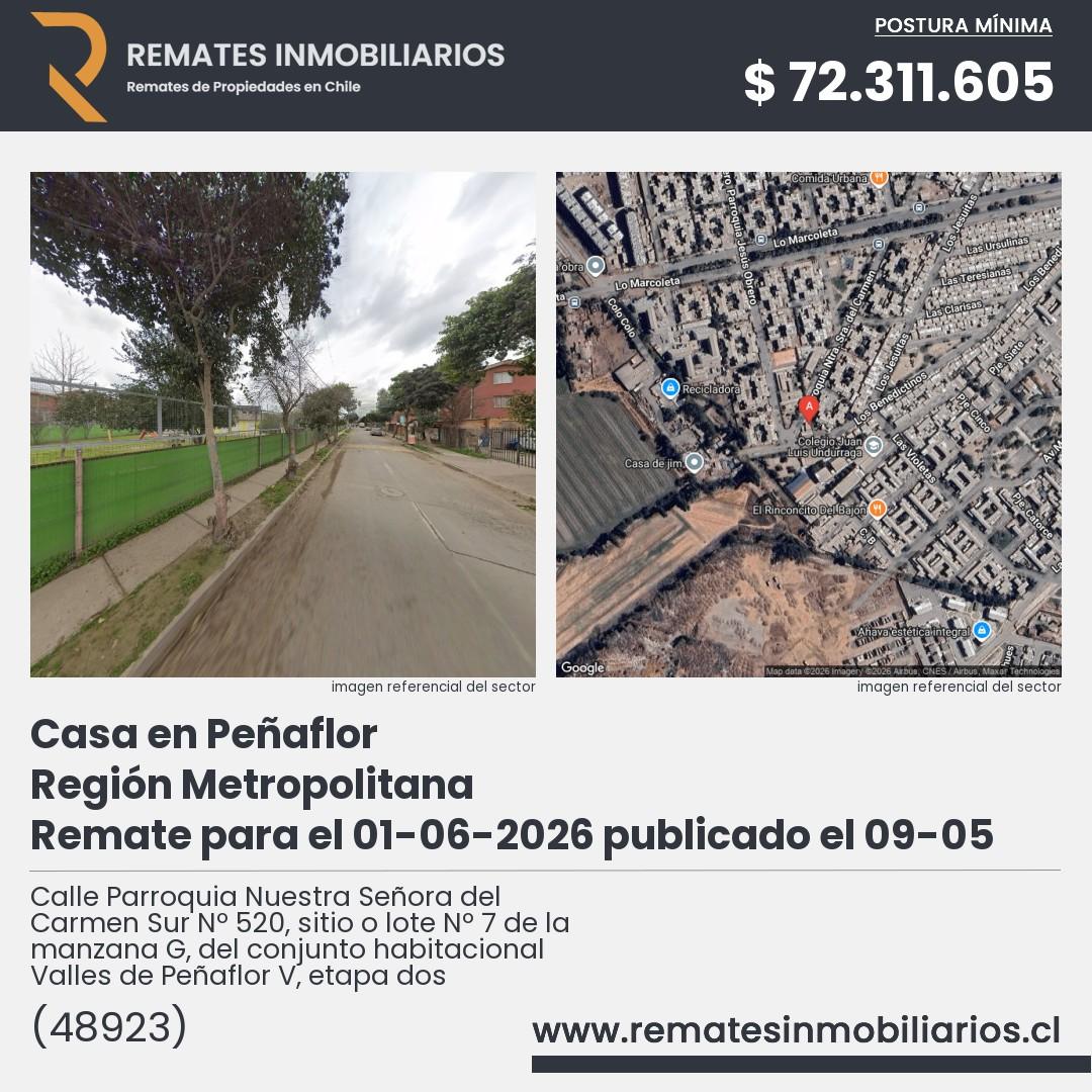 Imagen ficha Calle Parroquia Nuestra Señora del Carmen Sur Nº 520, sitio o lote Nº 7 de la manzana G, del conjunto habitacional Valles de Peñaflor V, etapa dos