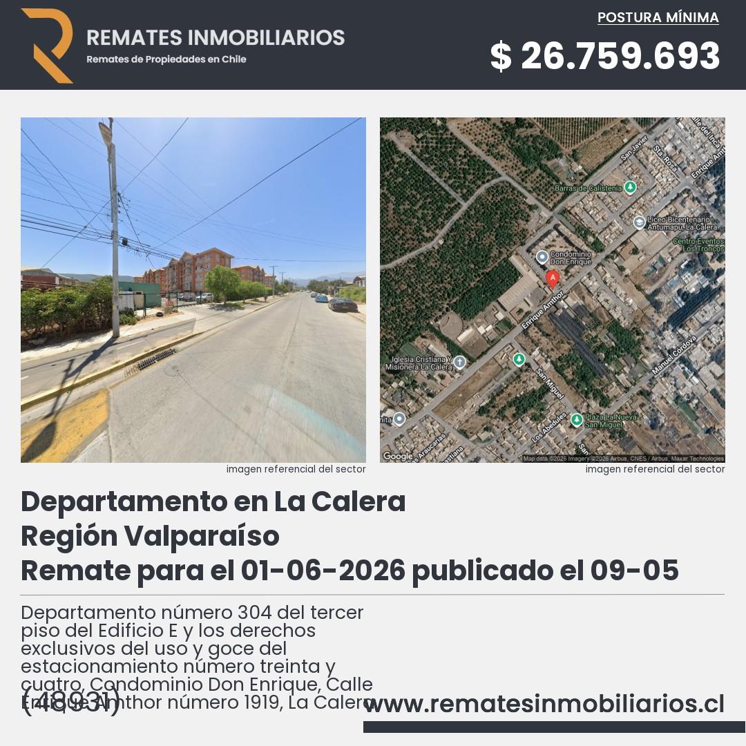 Imagen ficha Departamento número 304 del tercer piso del Edificio E y los derechos exclusivos del uso y goce del estacionamiento número treinta y cuatro, Condominio Don Enrique, Calle Enrique Amthor número 1919, La Calera