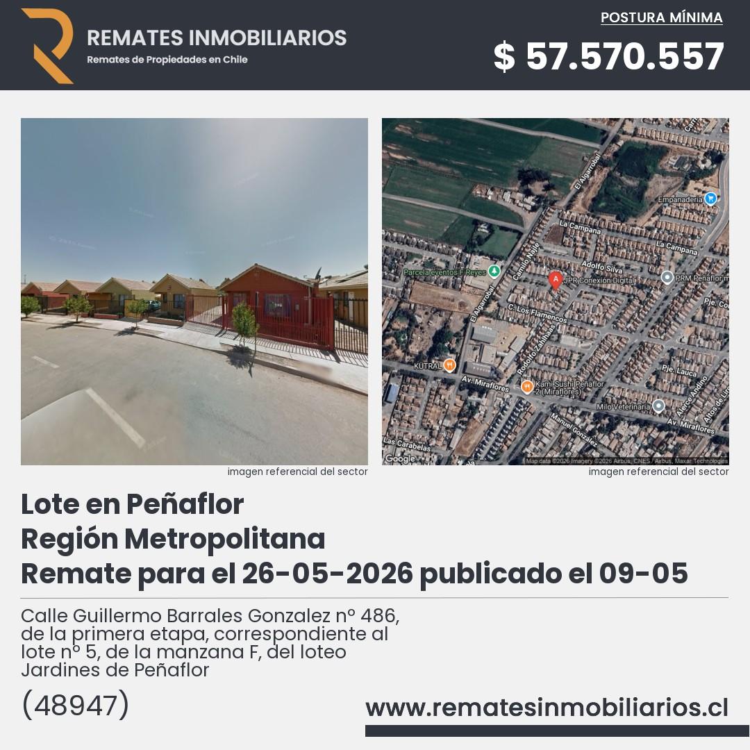 Imagen ficha Calle Guillermo Barrales Gonzalez nº 486, de la primera etapa, correspondiente al lote nº 5, de la manzana F, del loteo Jardines de Peñaflor