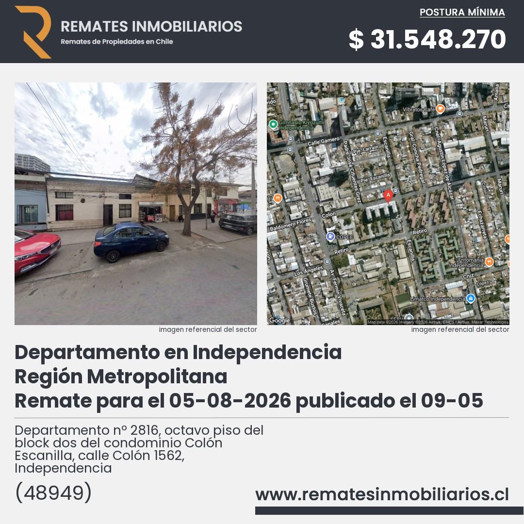 Imagen ficha Departamento nº 2816, octavo piso del block dos del condominio Colón Escanilla, calle Colón 1562, Independencia