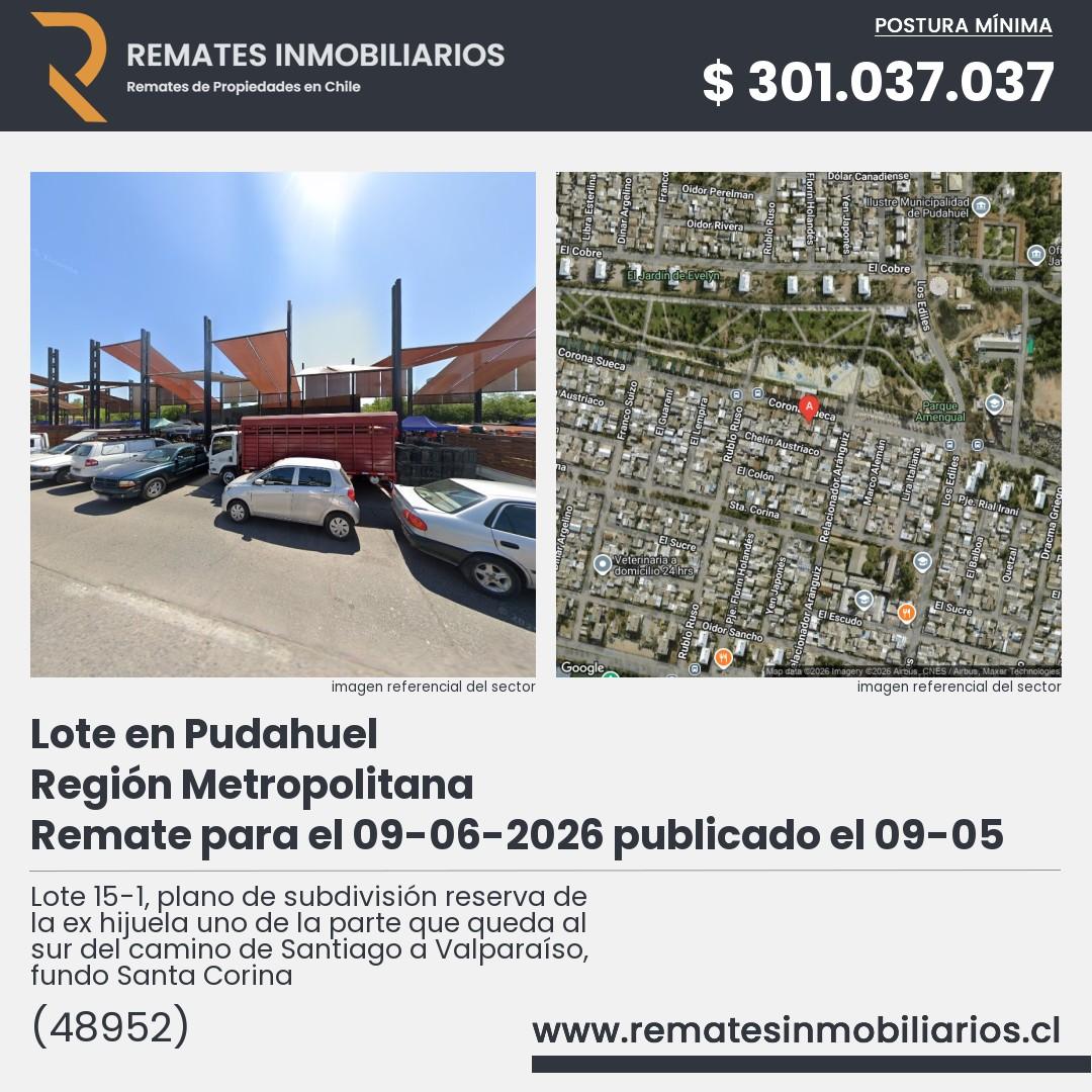 Imagen ficha Lote 15-1, plano de subdivisión reserva de la ex hijuela uno de la parte que queda al sur del camino de Santiago a Valparaíso, fundo Santa Corina