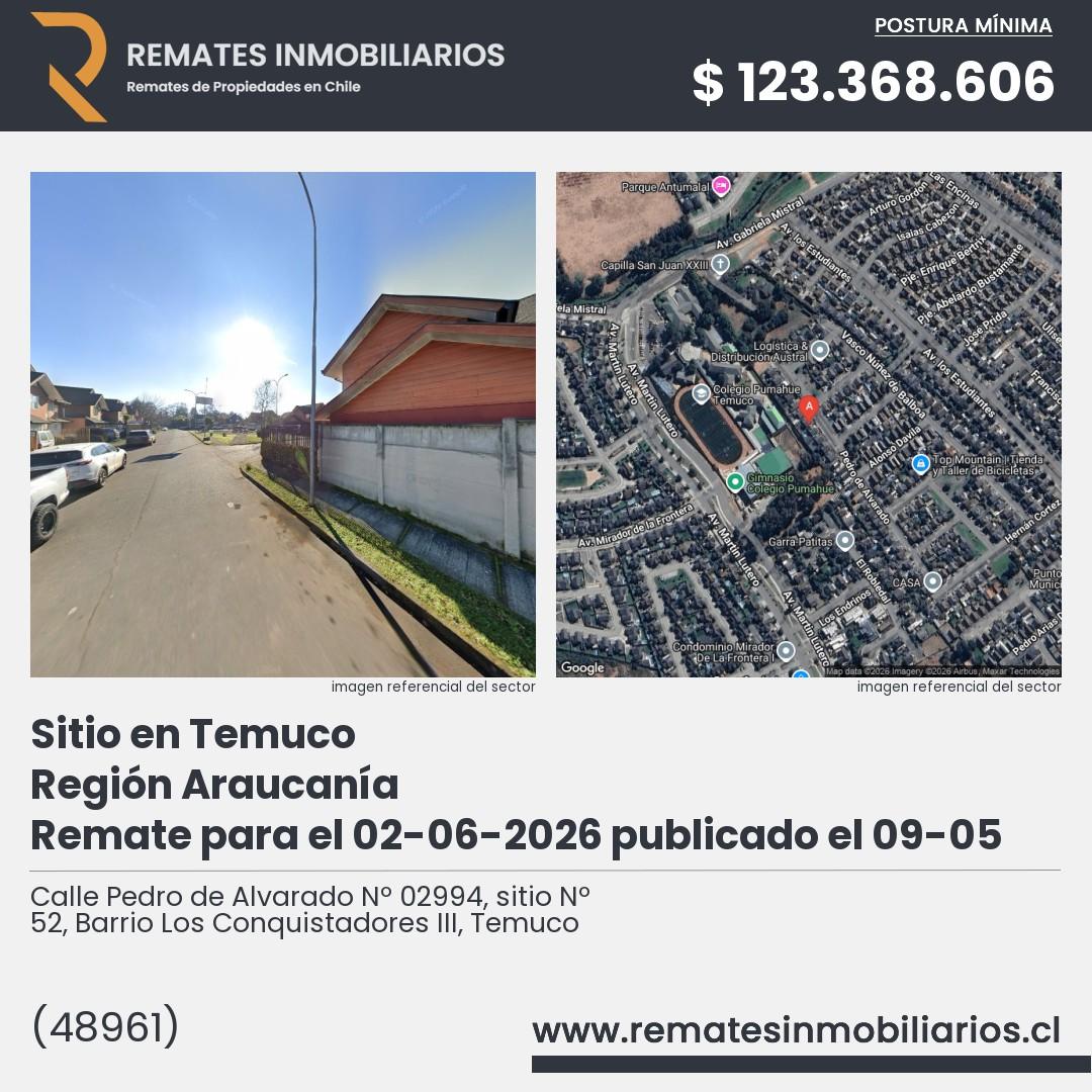 Imagen ficha Calle Pedro de Alvarado Nº 02994, sitio Nº 52, Barrio Los Conquistadores III, Temuco