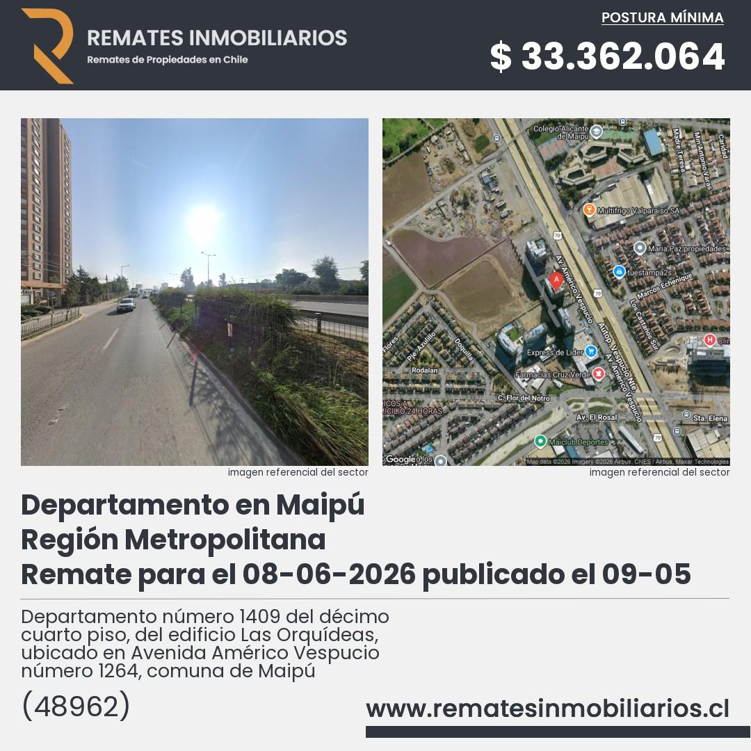 Imagen ficha Departamento número 1409 del décimo cuarto piso, del edificio Las Orquídeas, ubicado en Avenida Américo Vespucio número 1264, comuna de Maipú