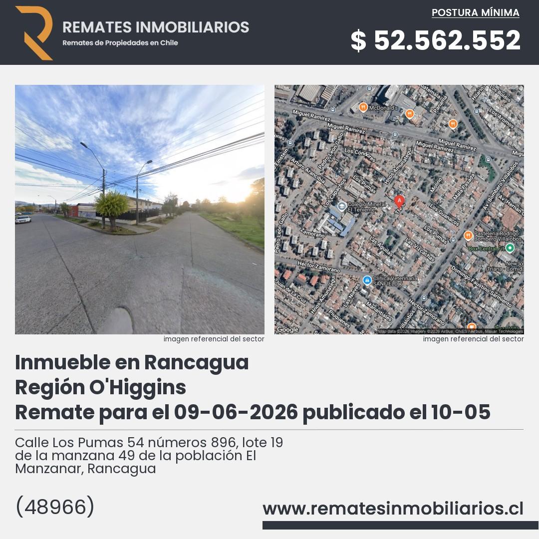 Imagen ficha Calle Los Pumas 54 números 896, lote 19 de la manzana 49 de la población El Manzanar, Rancagua