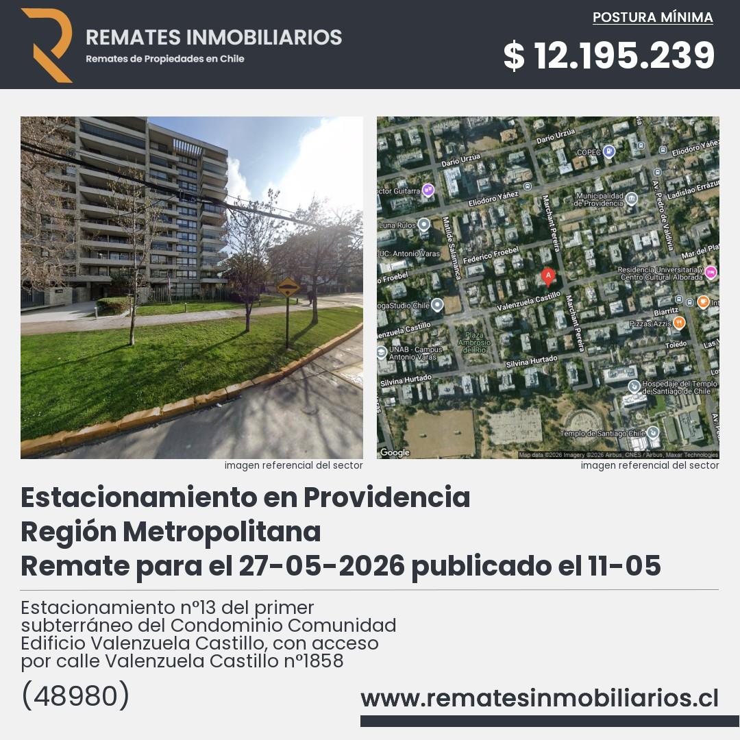 Imagen ficha Estacionamiento n°13 del primer subterráneo del Condominio Comunidad Edificio Valenzuela Castillo, con acceso por calle Valenzuela Castillo n°1858
