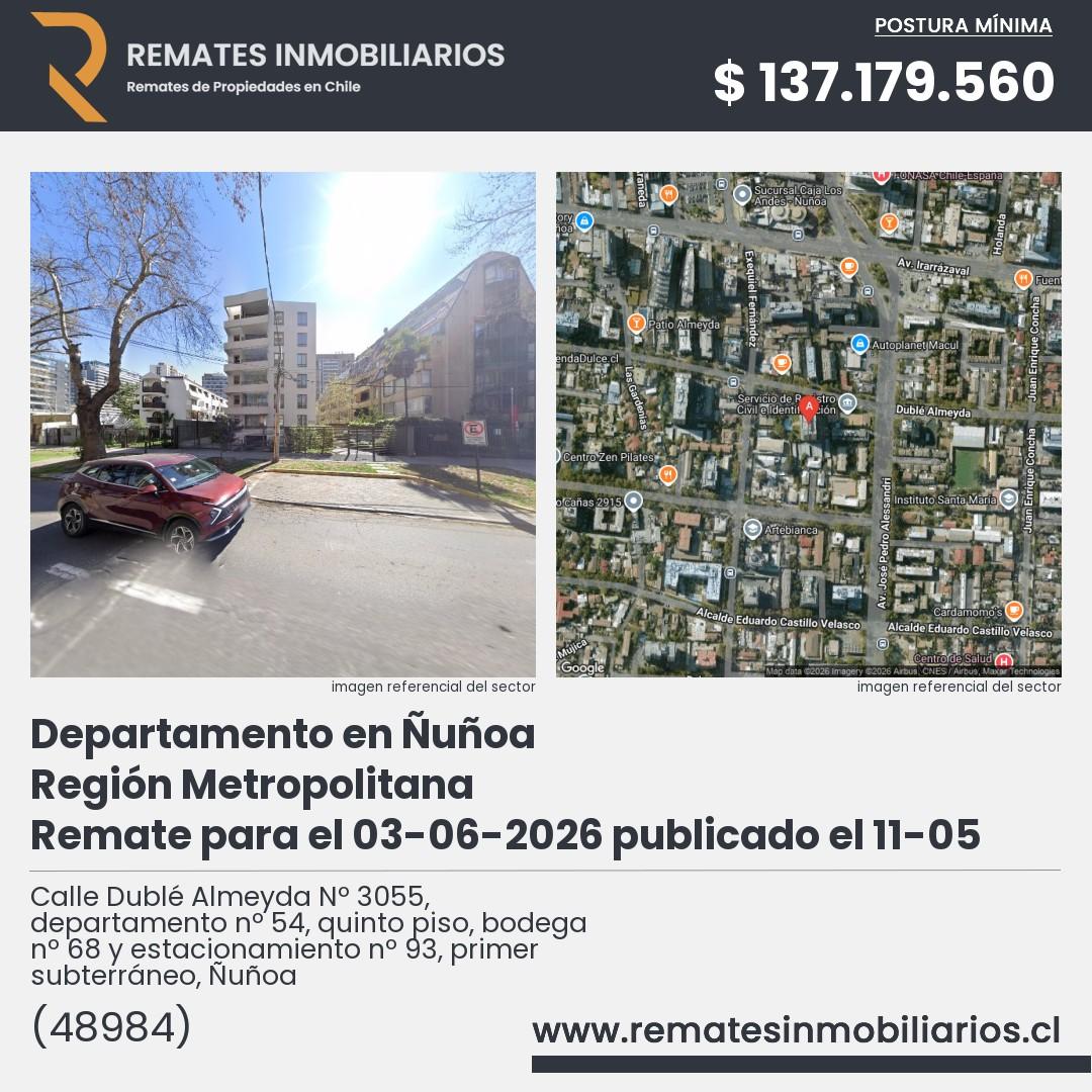 Imagen ficha Calle Dublé Almeyda Nº 3055, departamento nº 54, quinto piso, bodega nº 68 y estacionamiento nº 93, primer subterráneo, Ñuñoa