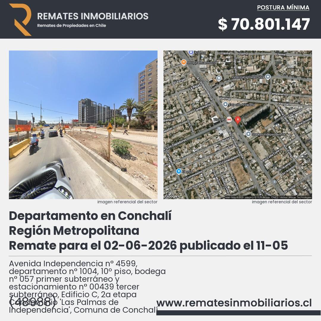 Imagen ficha Avenida Independencia n° 4599, departamento n° 1004, 10º piso, bodega n° 057 primer subterráneo y estacionamiento n° 00439 tercer subterráneo, Edificio C, 2a etapa Condominio 