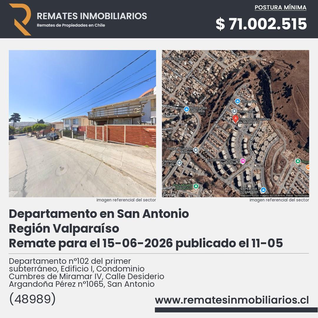 Imagen ficha Departamento n°102 del primer subterráneo, Edificio I, Condominio Cumbres de Miramar IV, Calle Desiderio Argandoña Pérez n°1065, San Antonio