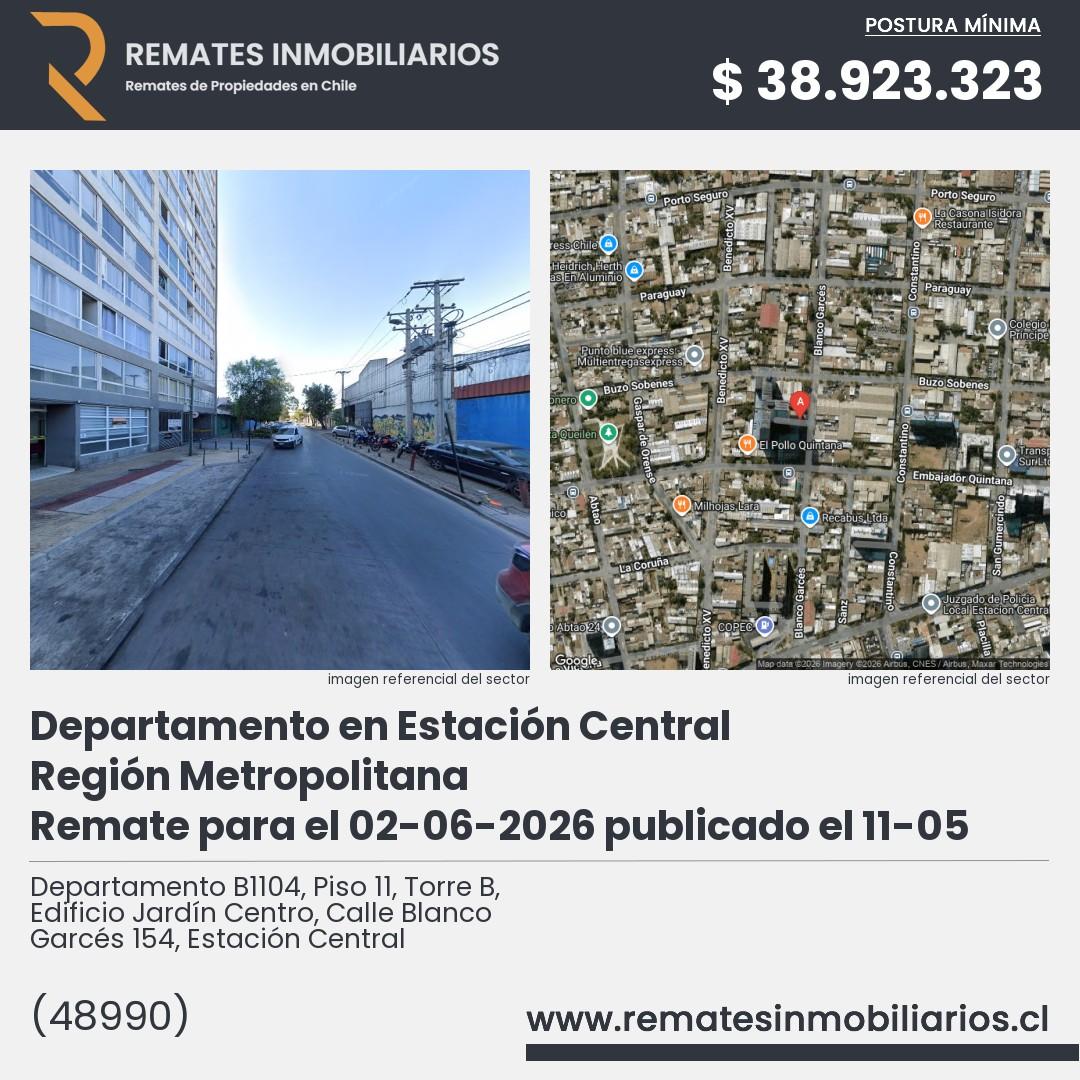 Imagen ficha Departamento B1104, Piso 11, Torre B, Edificio Jardín Centro, Calle Blanco Garcés 154, Estación Central