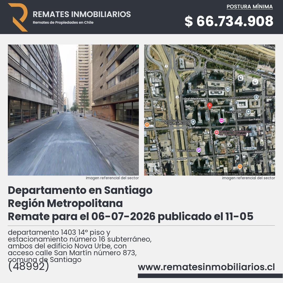 Imagen ficha departamento 1403 14° piso y estacionamiento número 16 subterráneo, ambos del edificio Nova Urbe, con acceso calle San Martín número 873, comuna de Santiago