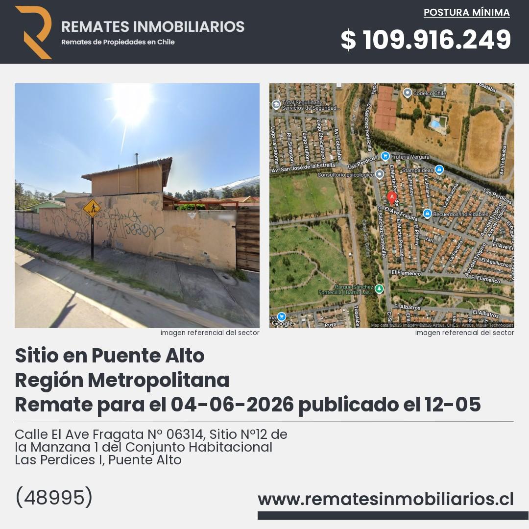 Imagen ficha Calle El Ave Fragata Nº 06314, Sitio Nº12 de la Manzana 1 del Conjunto Habitacional Las Perdices I, Puente Alto