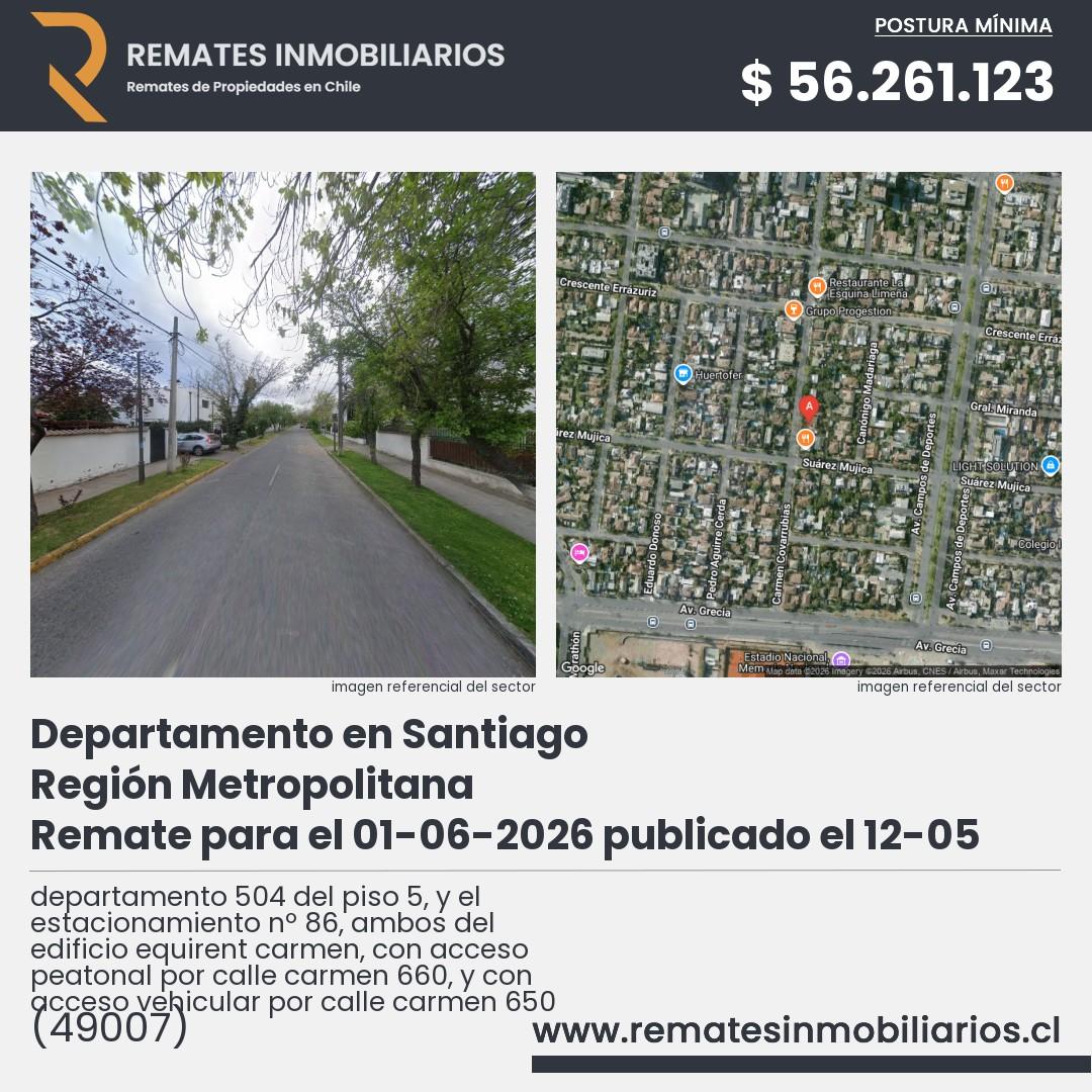 Imagen ficha departamento 504 del piso 5, y el estacionamiento nº 86, ambos del edificio equirent carmen, con acceso peatonal por calle carmen 660, y con acceso vehicular por calle carmen 650