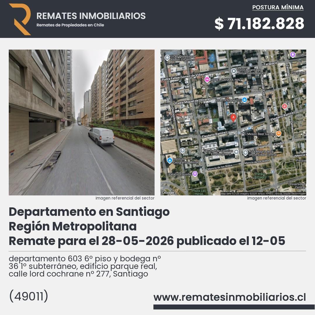 Imagen ficha departamento 603 6º piso y bodega nº 36 1º subterráneo, edificio parque real, calle lord cochrane nº 277, Santiago
