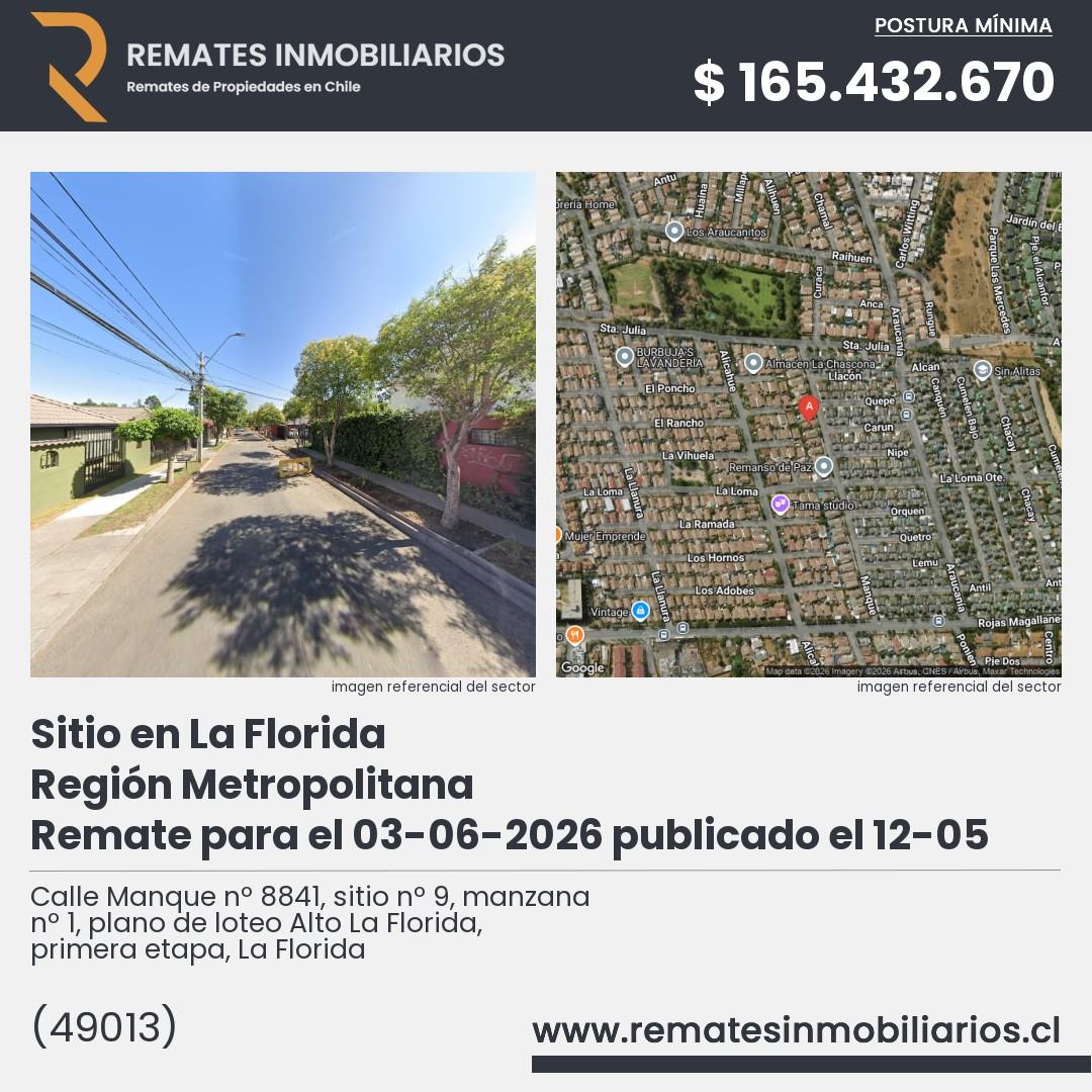 Imagen ficha Calle Manque nº 8841, sitio nº 9, manzana nº 1, plano de loteo Alto La Florida, primera etapa, La Florida