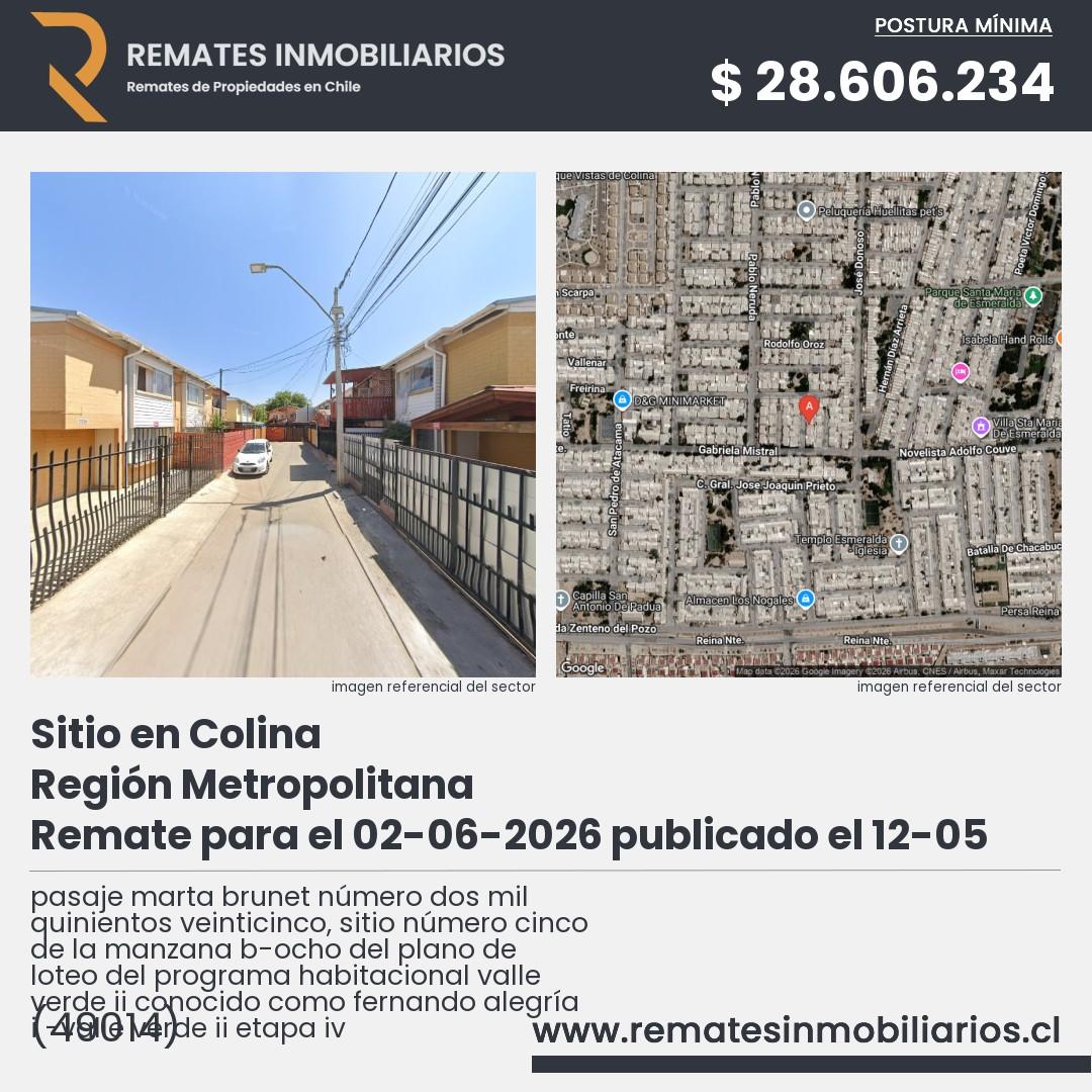 Imagen ficha pasaje marta brunet número dos mil quinientos veinticinco, sitio número cinco de la manzana b-ocho del plano de loteo del programa habitacional valle verde ii conocido como fernando alegría i -valle verde ii etapa iv