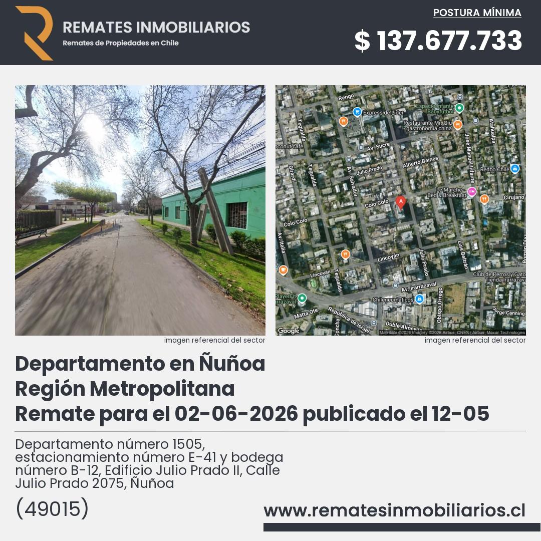 Imagen ficha Departamento número 1505, estacionamiento número E-41 y bodega número B-12, Edificio Julio Prado II, Calle Julio Prado 2075, Ñuñoa