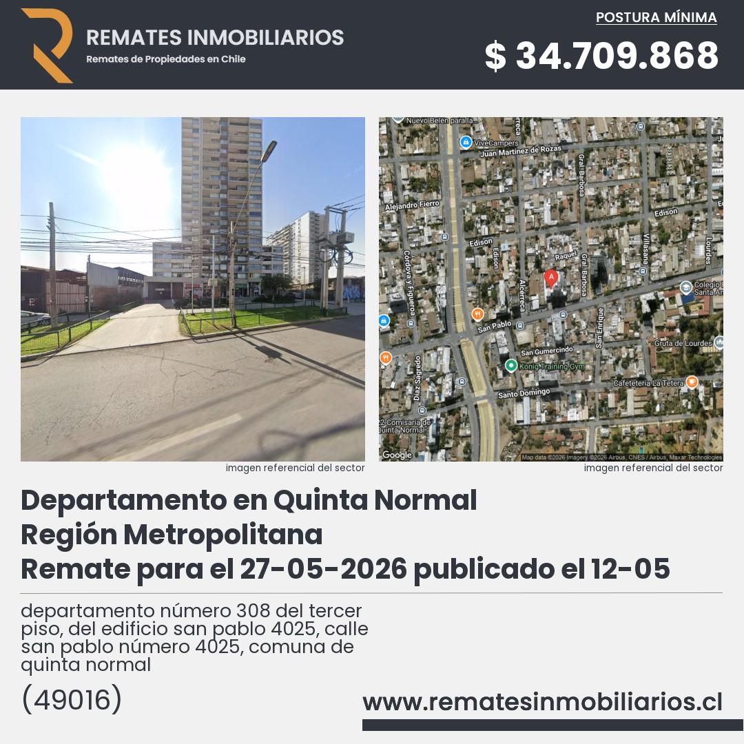 Imagen ficha departamento número 308 del tercer piso, del edificio san pablo 4025, calle san pablo número 4025, comuna de quinta normal