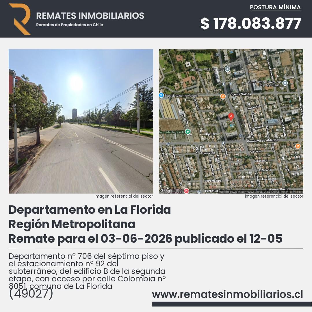 Imagen ficha Departamento nº 706 del séptimo piso y el estacionamiento nº 92 del subterráneo, del edificio B de la segunda etapa, con acceso por calle Colombia nº 8051, comuna de La Florida
