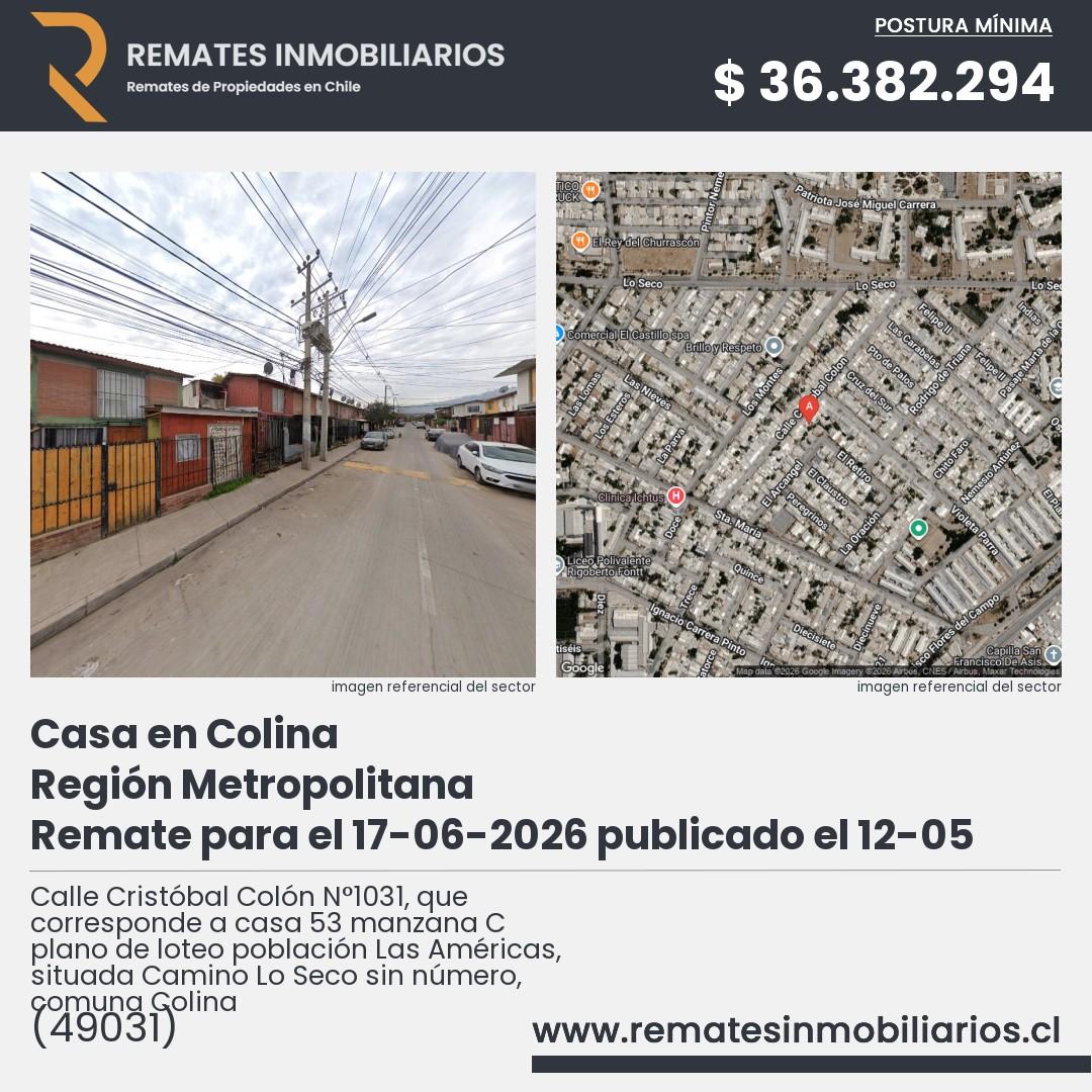 Imagen ficha Calle Cristóbal Colón N°1031, que corresponde a casa 53 manzana C plano de loteo población Las Américas, situada Camino Lo Seco sin número, comuna Colina