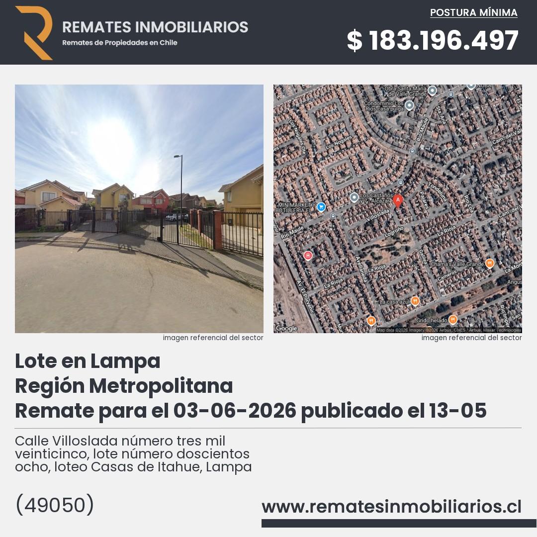 Imagen ficha Calle Villoslada número tres mil veinticinco, lote número doscientos ocho, loteo Casas de Itahue, Lampa