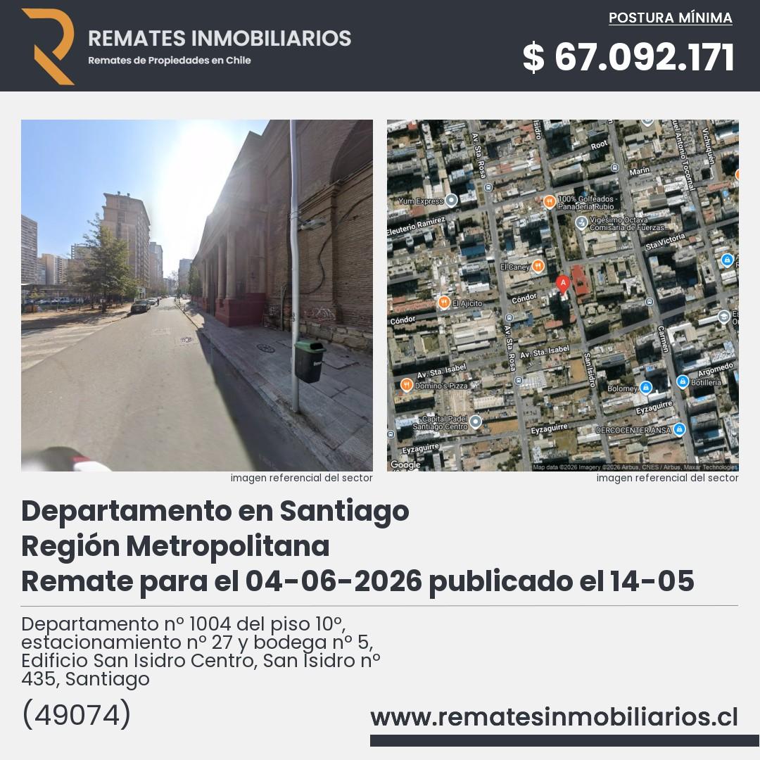 Imagen ficha Departamento nº 1004 del piso 10º, estacionamiento nº 27 y bodega nº 5, Edificio San Isidro Centro, San Isidro nº 435, Santiago