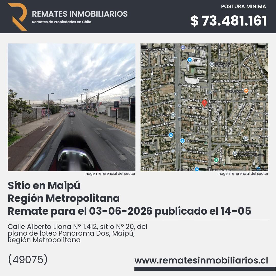 Imagen ficha Calle Alberto Llona Nº 1.412, sitio Nº 20, del plano de loteo Panorama Dos, Maipú, Región Metropolitana