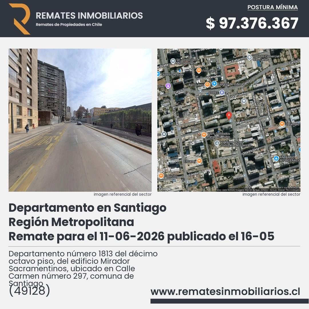 Imagen ficha Departamento número 1813 del décimo octavo piso, del edificio Mirador Sacramentinos, ubicado en Calle Carmen número 297, comuna de Santiago