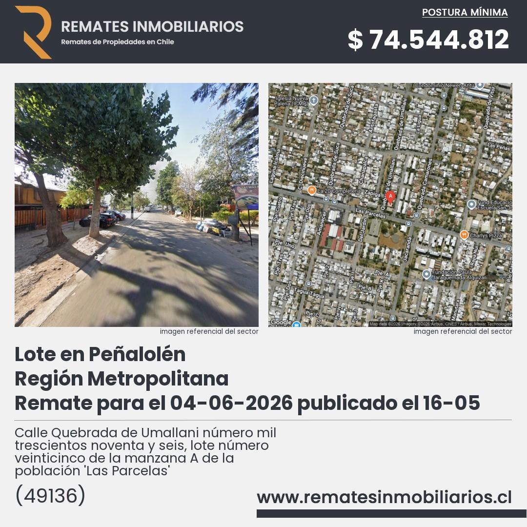 Imagen ficha Calle Quebrada de Umallani número mil trescientos noventa y seis, lote número veinticinco de la manzana A de la población 