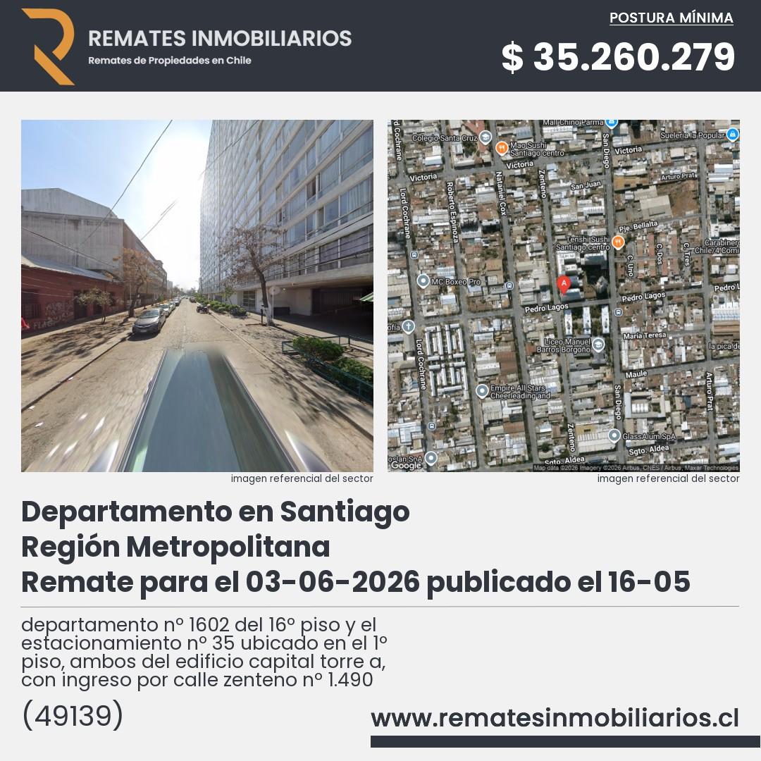 Imagen ficha departamento nº 1602 del 16º piso y el estacionamiento nº 35 ubicado en el 1º piso, ambos del edificio capital torre a, con ingreso por calle zenteno nº 1.490