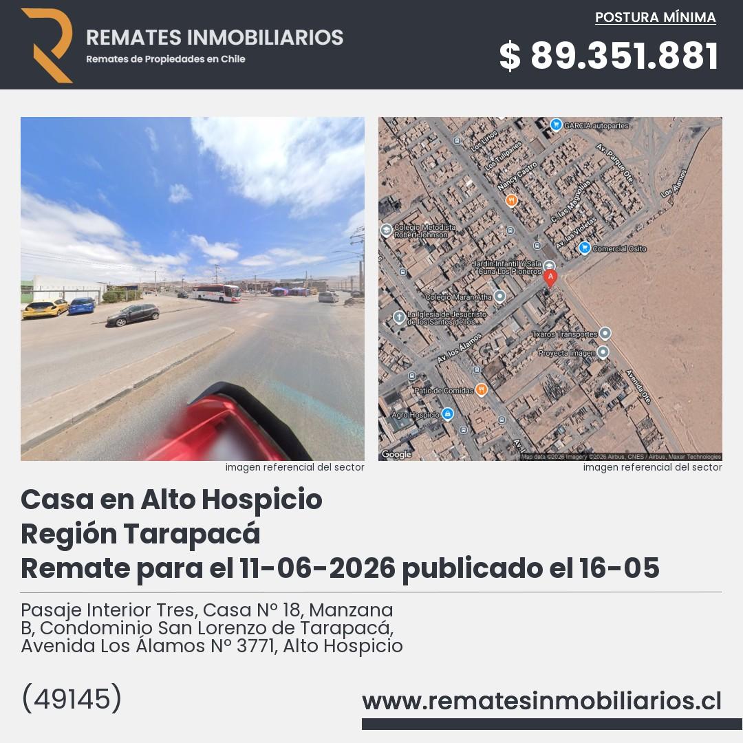 Imagen ficha Pasaje Interior Tres, Casa Nº 18, Manzana B, Condominio San Lorenzo de Tarapacá, Avenida Los Álamos Nº 3771, Alto Hospicio