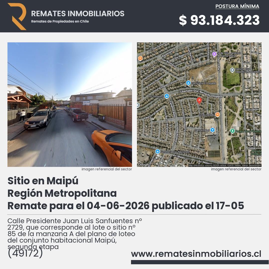 Imagen ficha Calle Presidente Juan Luis Sanfuentes nº 2729, que corresponde al lote o sitio nº 85 de la manzana A del plano de loteo del conjunto habitacional Maipú, segunda etapa