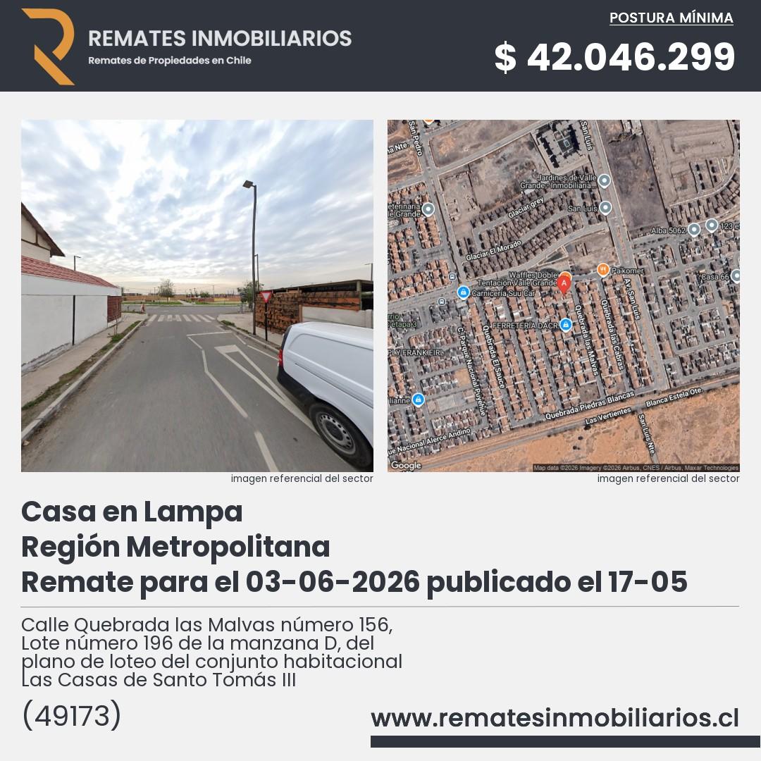 Imagen ficha Calle Quebrada las Malvas número 156, Lote número 196 de la manzana D, del plano de loteo del conjunto habitacional Las Casas de Santo Tomás III