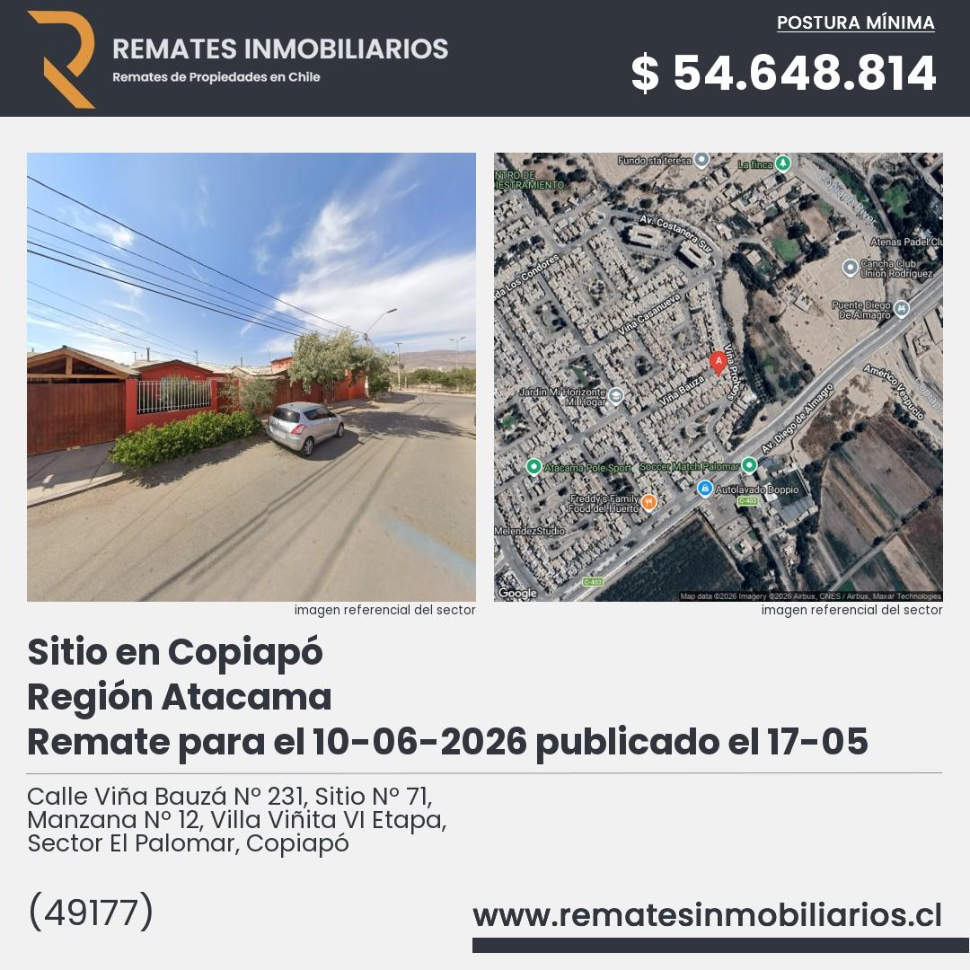 Imagen ficha Calle Viña Bauzá Nº 231, Sitio Nº 71, Manzana Nº 12, Villa Viñita VI Etapa, Sector El Palomar, Copiapó