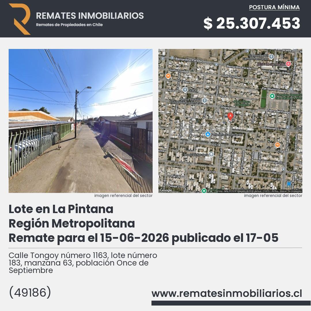 Imagen ficha Calle Tongoy número 1163, lote número 183, manzana 63, población Once de Septiembre